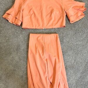 Peach Ruffle-Sleeve Crop Top with High-Waist Trousers